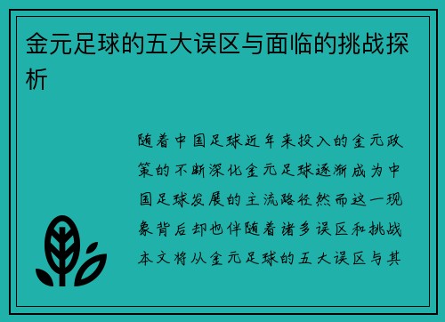 金元足球的五大误区与面临的挑战探析