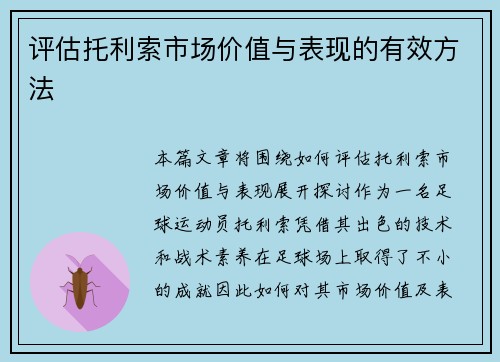 评估托利索市场价值与表现的有效方法 评估托利索市场价值与表现的有效方法