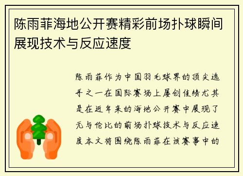 陈雨菲海地公开赛精彩前场扑球瞬间展现技术与反应速度
