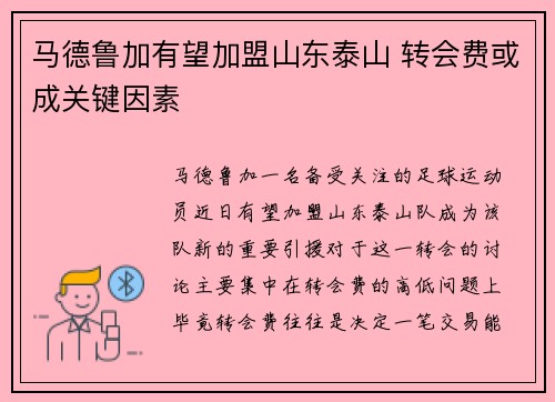马德鲁加有望加盟山东泰山 转会费或成关键因素