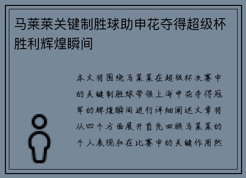 马莱莱关键制胜球助申花夺得超级杯胜利辉煌瞬间